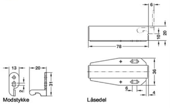 Lågeåbner "Push" 36x78x20 mm m/krog incl. søm, metal