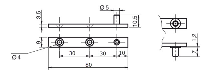 Pindhængsel 80x9 mm med Ø5 mm tap (handel), stål
