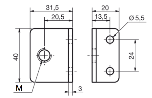 Vinkel 40x31,5x20x3 mm m/gevind, elgalvaniseret