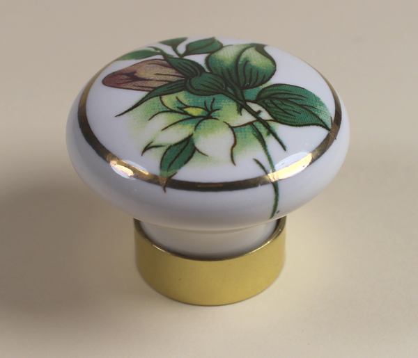 Porcelænsknop med grøn blomst Ø31x25 mm , hvid