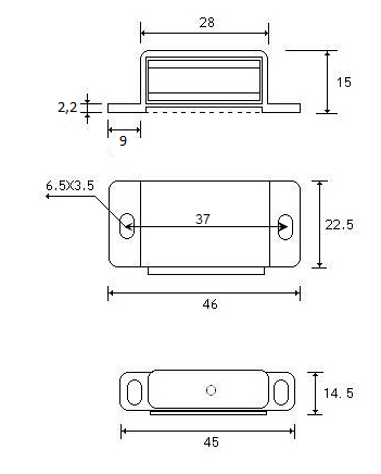 Magnet (8 kg) 46x15x22,5 mm m/blik og skruer, blank metal