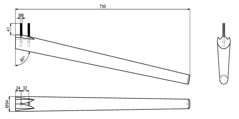 Bordben t/sargmontering Ø54x730 mm med 2 stk M8 bolte, ubehandlet egetræ