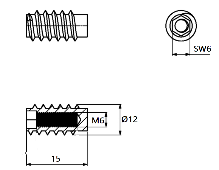 Iskruningsbøsning M6xØ12x15 mm, messing