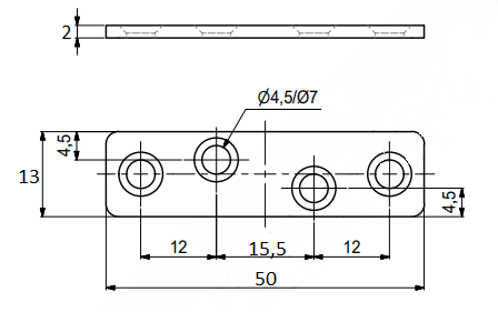 Ligejern 50x13x2 mm med 4 huller, elgalvaniseret