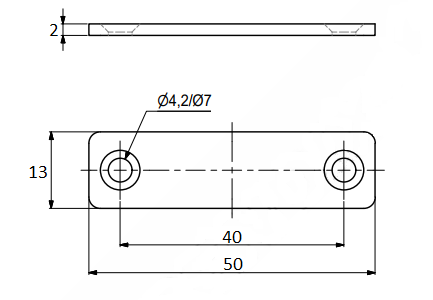 Ligejern 50x13x2 mm med 2 huller, elgalvaniseret