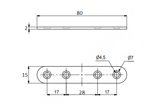 Ligejern 80x15x2 mm med 4 huller, elgalvaniseret