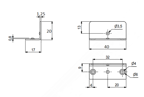 Vinkel 20x17x40 mm med 2 huller, elgalvaniseret