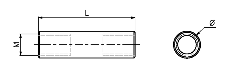 Bøsning M6xØ10x20 mm, rustfri stål (A2)