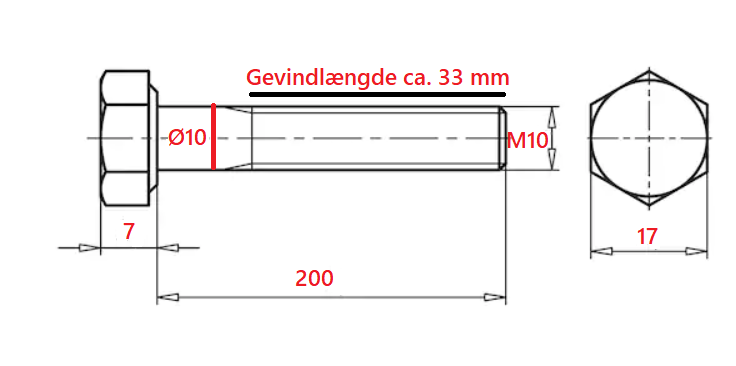 Bolt M10x200 mm m/sekskant hoved, elgalvaniseret