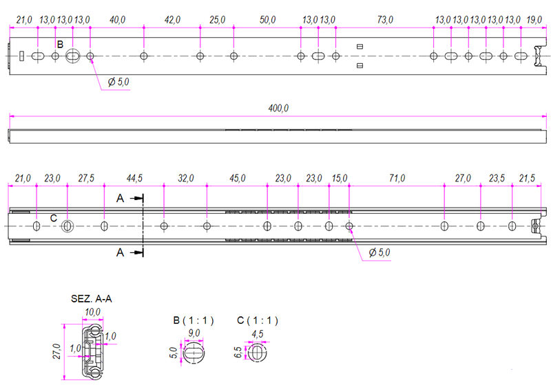Kugleudtræk 27x400 mm, rustfri stål (sæt)