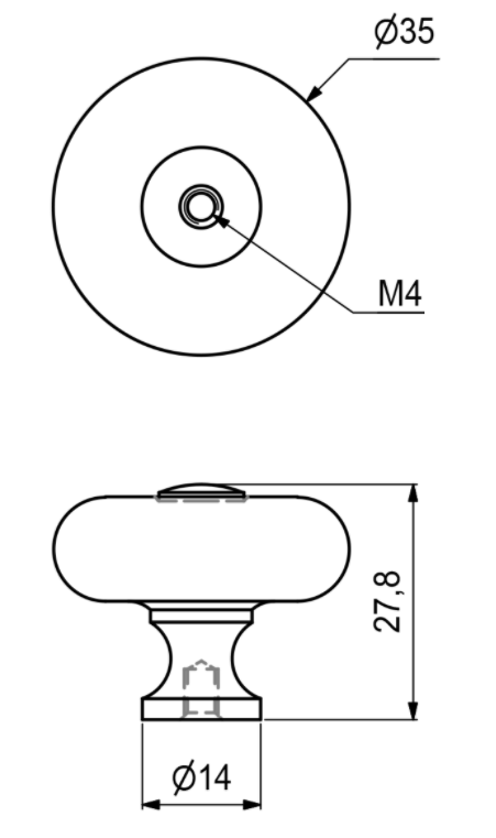 Porcelænsknop med messing top og fod Ø35x27 mm, hvid