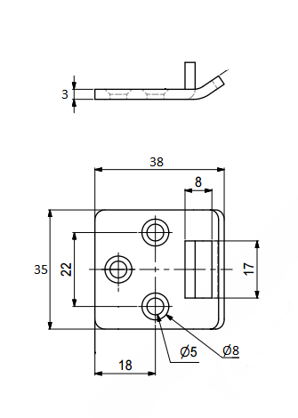 Klaphængsel t/endetillægsplade 35x38x3 mm m/stop, gulgalvaniseret (hundel)