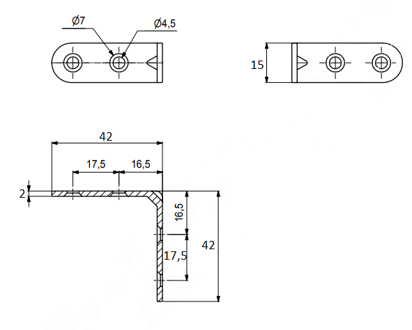 Vinkel 42x42x15x2 mm, elgalvaniseret