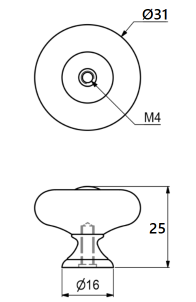 Porcelænsknop med brun antik top og fod Ø31x25 mm, hvid