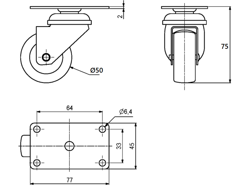 Inventarhjul Ø50 mm, grå gummi