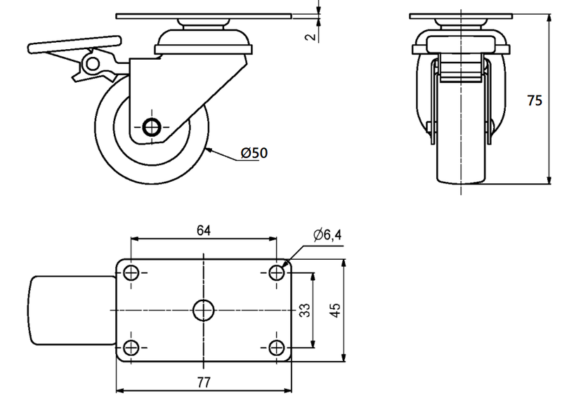 Inventarhjul Ø50 mm m/bremse, grå gummi