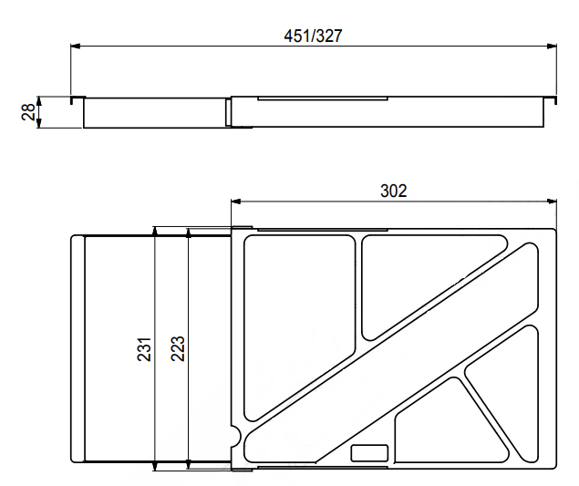 Pennebakke til skuffe 302x233 mm justerbar, sort plastik