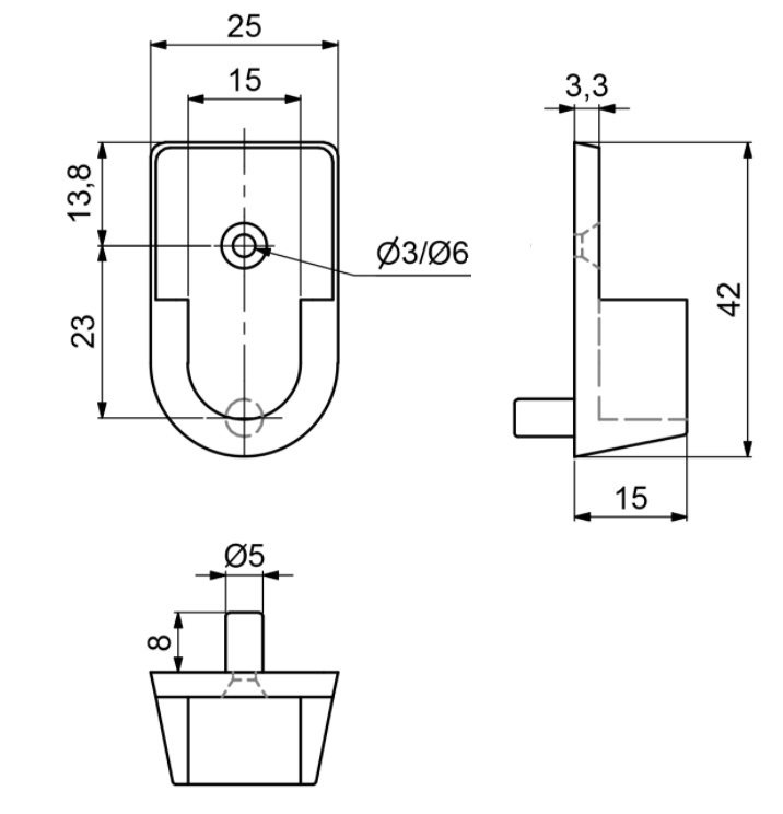 Bøjlestangsholder t/15x30 mm stang - m/1 tap Ø5 mm, grå plastik (1 stk)