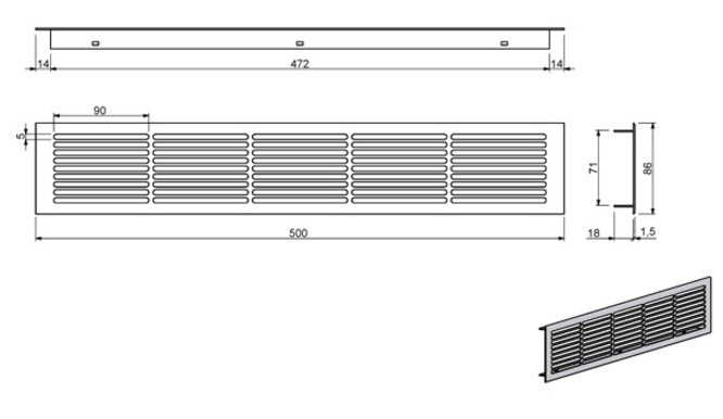 Udluftningsrist 500x86 mm, hvidmalet aluminium