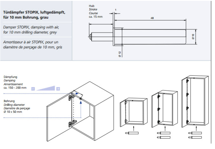 Lågedæmper Ø10x48 mm til indboring/holder, grå plastik