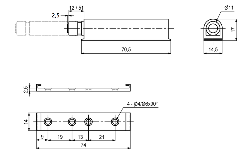 Lågeåbner "Push" 74x14,5 mm med anslagsdæmper, sort