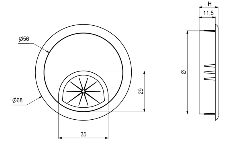 Kabelgennemføring Ø60x15 mm, mat aluminium