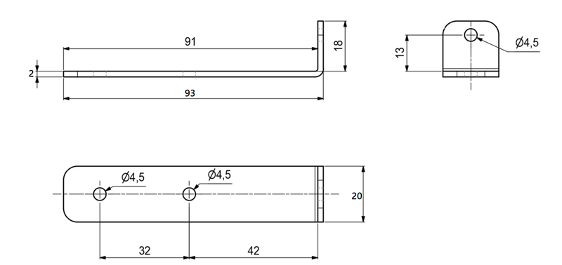 Vinkel 93x20x2 mm med 3 huller, elgalvaniseret