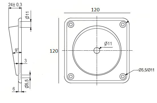 Bordbensbeslag 120x120 mm t/M10 bolt "skrå", lysgrå metal