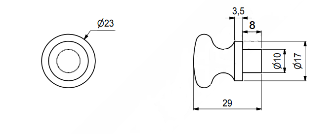 Knag/Knop Ø23x29 mm m/Ø10x8 mm tap, olieret fyrretræ