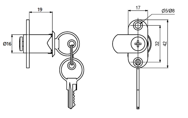 Møbellås Ø16 mm med forskellige nøgler, elgalvaniseret