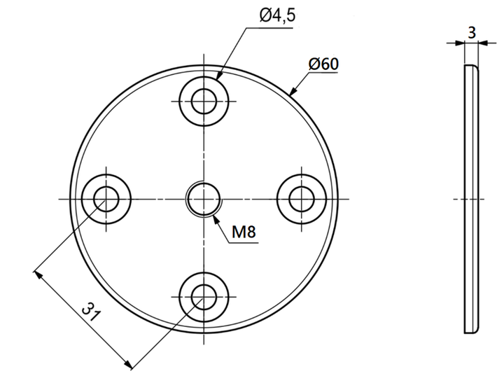 Møbelbensbeslag M8 gevind Ø60x3 mm, elgalvaniseret