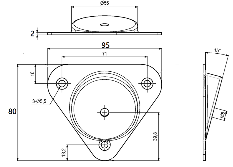 Møbelbensbeslag M8 gevind 95x80 mm "skrå", elgalvaniseret