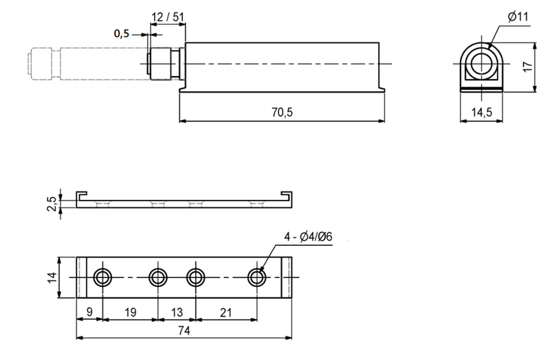 Lågeåbner "Push" 74x14,5 mm med magnet, sort