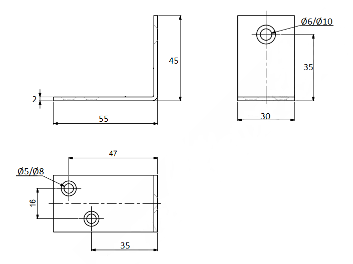 Vinkel 55x30x45 mm med 3 huller, hvidmalet metal