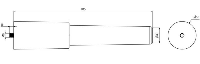 Bordben til spisebord Ø55x705 mm incl. beslag til montering, bøgetræ ubehandlet