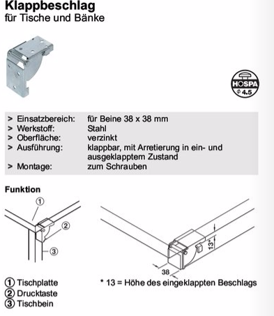 Klapbeslag til bordben 43x65x66 mm, elgalvaniseret