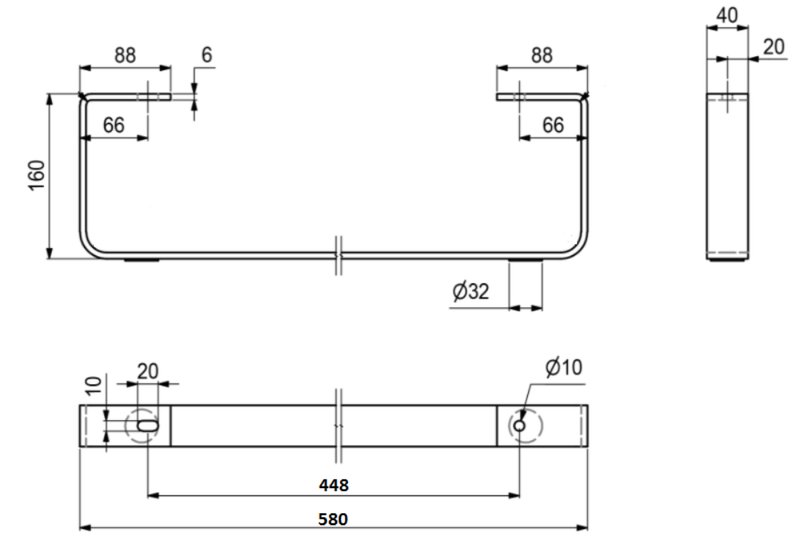 Sofaben 160x580 mm, blank metal