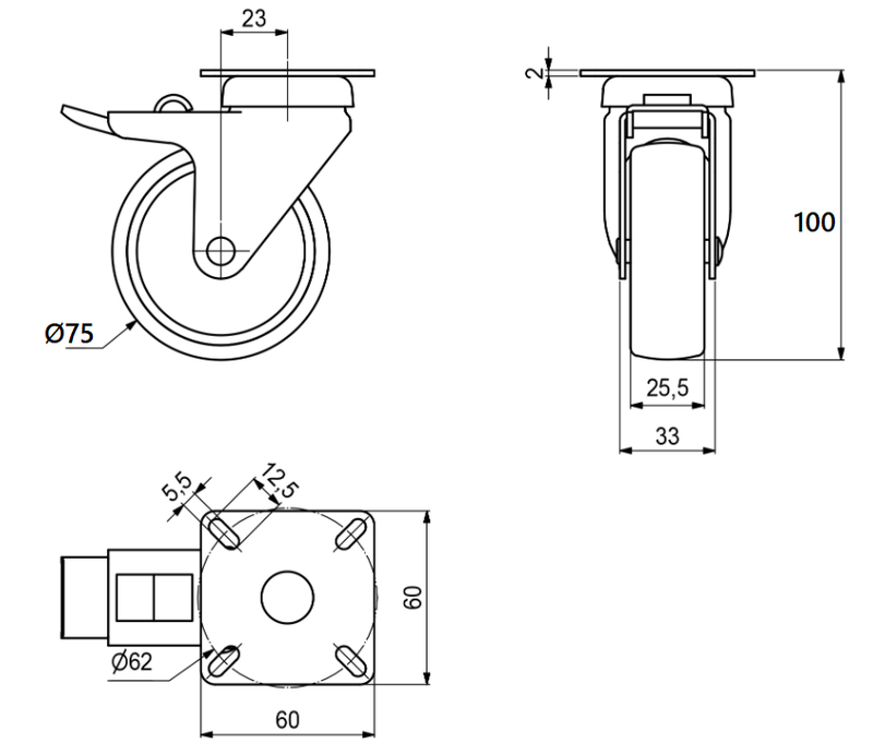 Inventarhjul Ø75 mm m/bremse, grå gummi