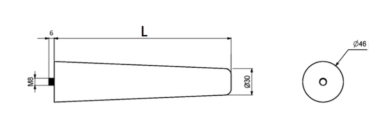 Møbelben (KUN 7 STK PÅ LAGER) Ø46x250 mm incl. beslag til montering, ubehandlet egetræ - 2. sortering