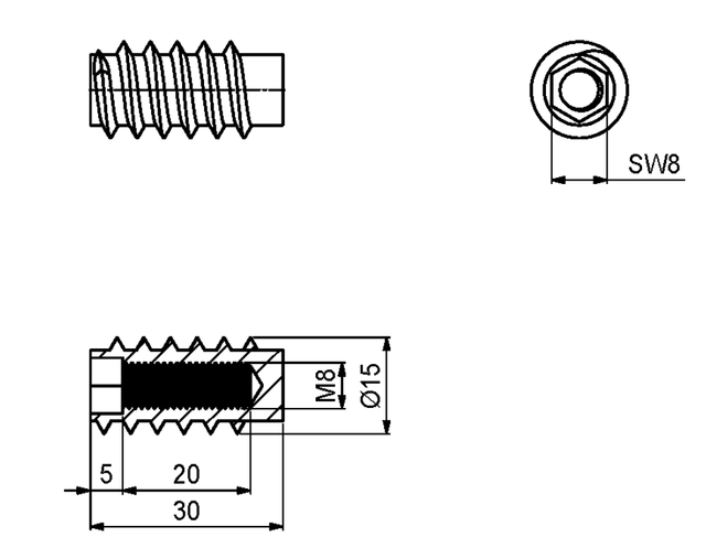 Iskruningsbøsning M8xØ15x30 mm, gulgalvaniseret