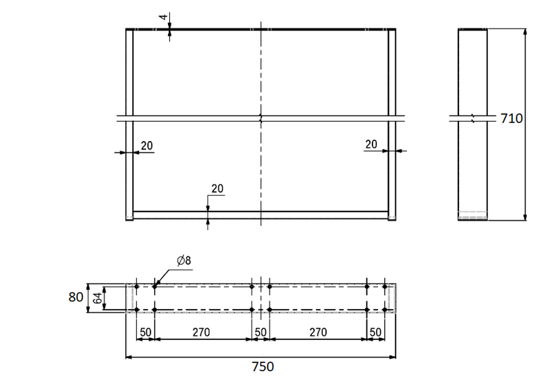 Bordben 750x710 mm, sort malet metal (1 stk)