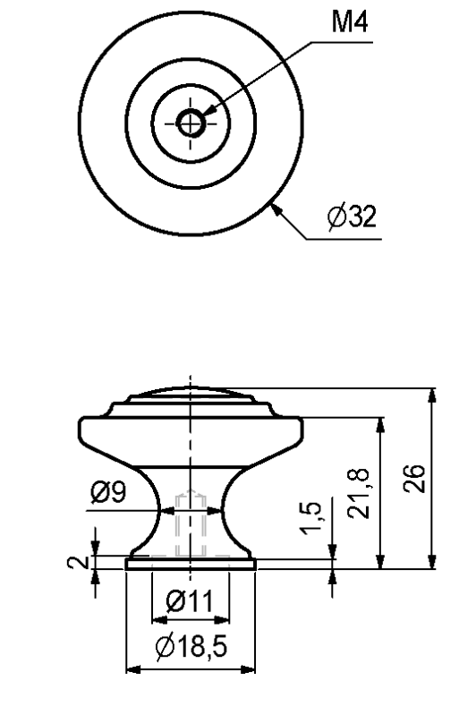 Metalknop Ø32x26 mm, brun antik