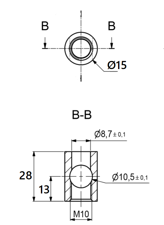 Samlebeslag M10 - Hus Ø15x28 mm + penol 12 mm, elgalvaniseret (sæt)