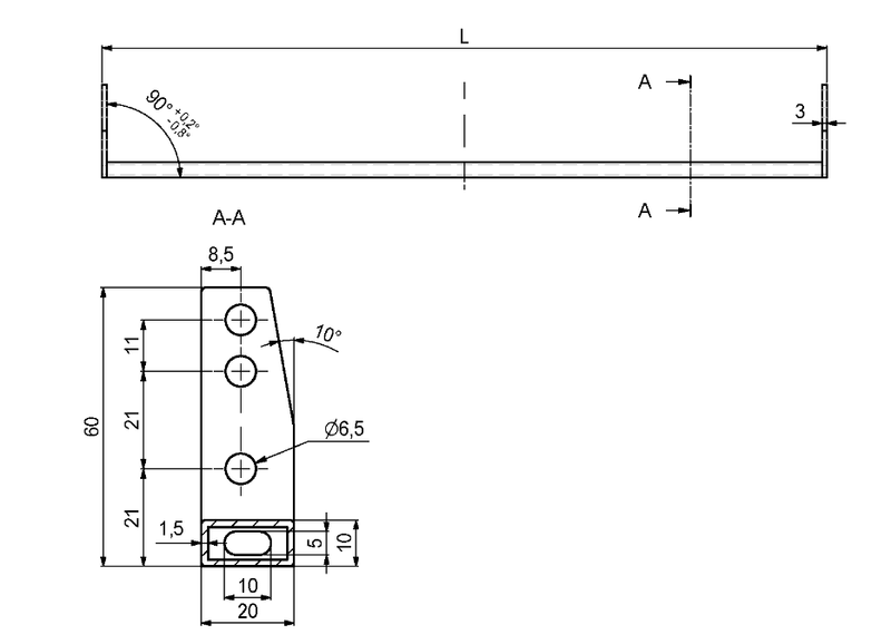 Skinne til vaskeskab M60 - 567,5x60x20 mm, hvidmalet metal