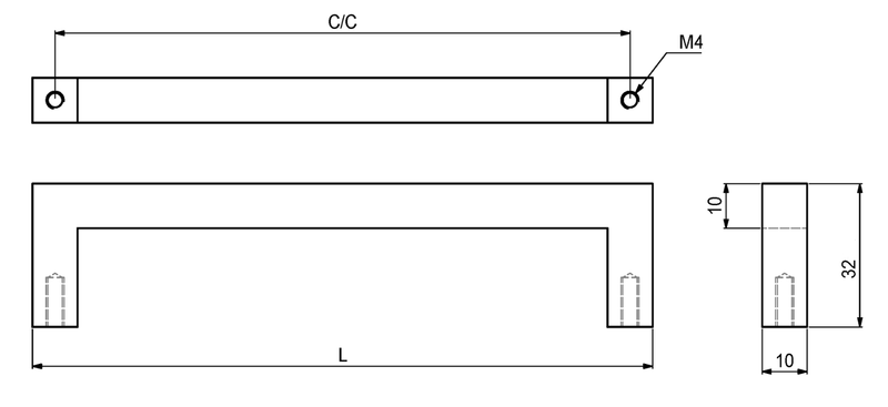 Messinggreb firkantet 128 mm c/c, mat