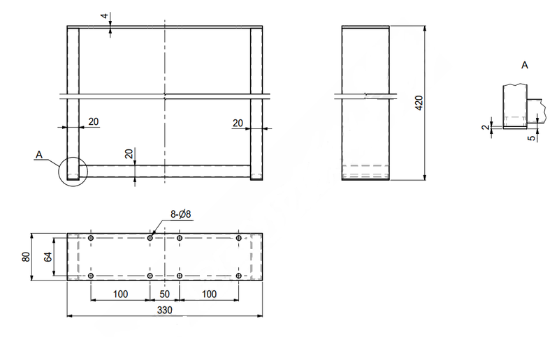 Bænkben 420x330x80 mm, sort pulverlakeret metal (1 stk)