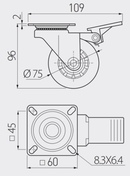Inventarhjul Ø75 mm med bremse, transparent plastik