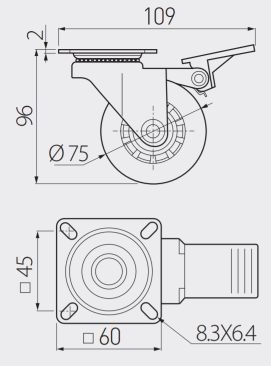 Inventarhjul Ø75 mm m/bremse, transparent plastik