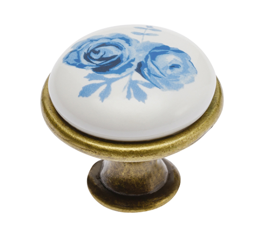 Porcelænsknop med blå blomst Ø27x23 mm, hvid