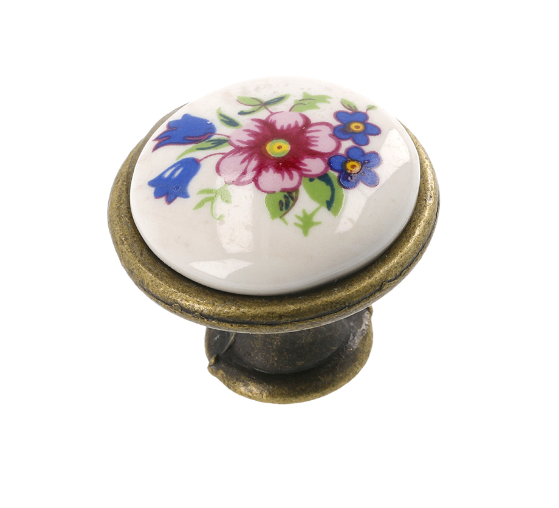 Porcelænsknop med forårsblomst Ø27x23 mm, hvid